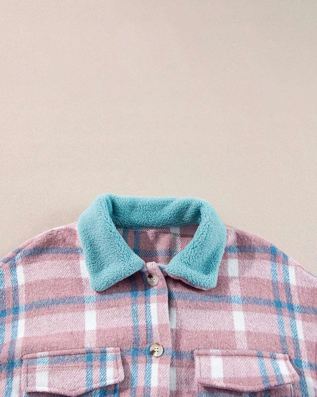 Plaid Collared Neck Flap Pockets Shacket