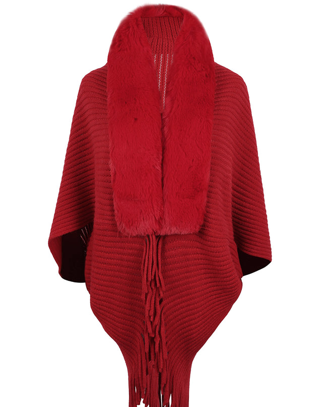 Fringe Detail Long Sleeve Ribbed Poncho Deep Red One Size