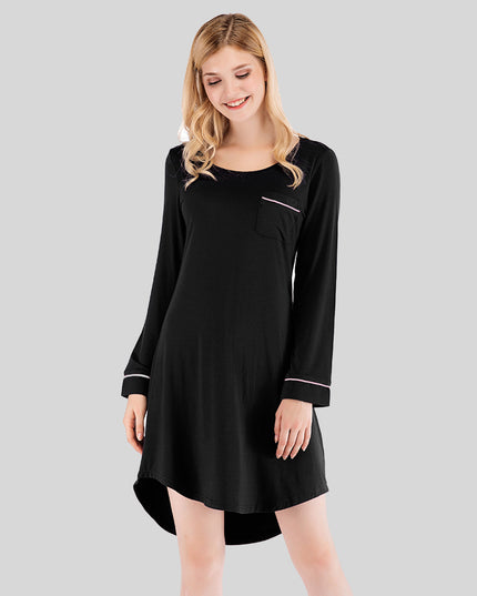 Round Neck Night Dress with Pocket Black