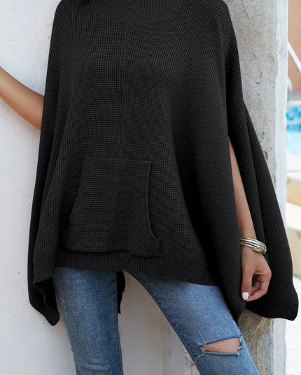 Waffle-Knit Pocketed Cape Sleeve Sweater Black