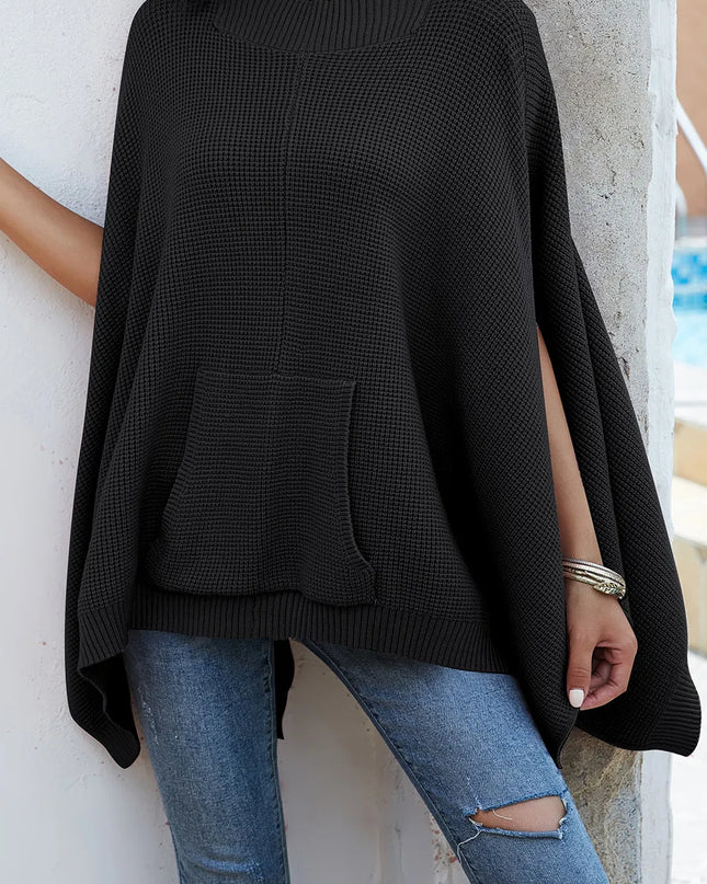 Waffle-Knit Pocketed Cape Sleeve Sweater Black