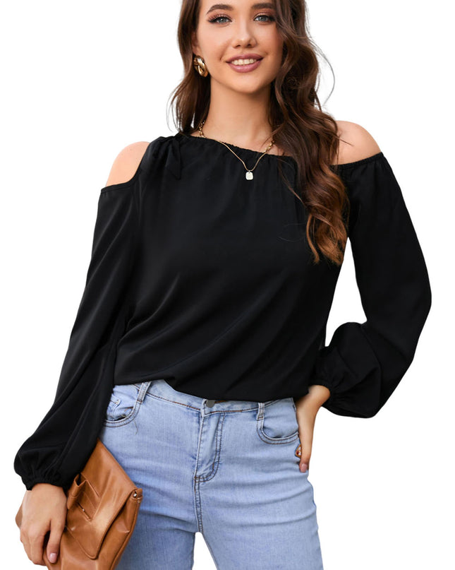 Tied Asymmetrical Neck Cold-Shoulder Blouse
