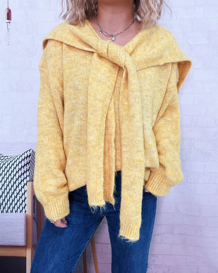 Ribbed Hem V-Neck Sweater with Shawl