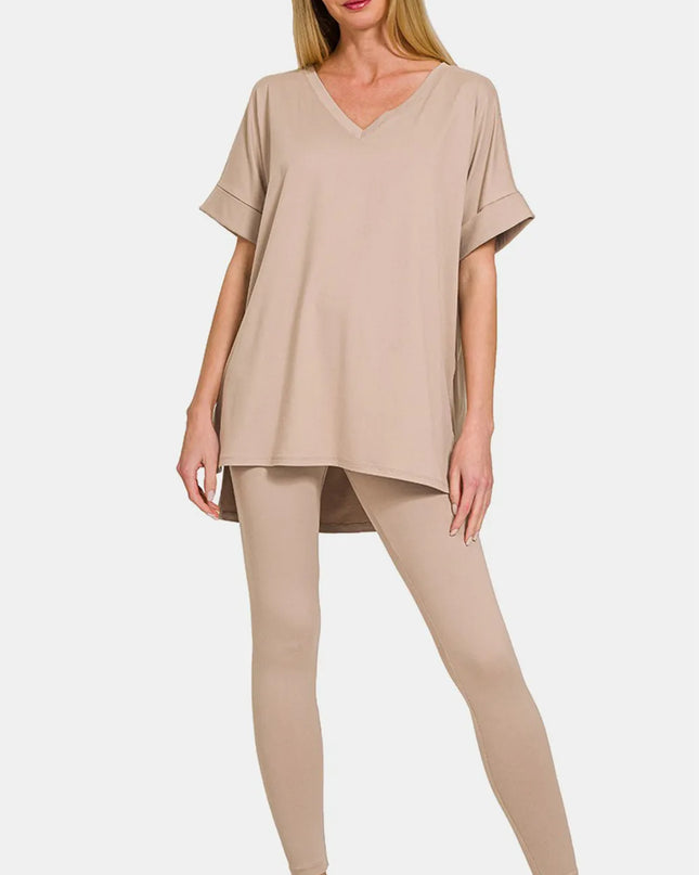 Zenana Full Size V-Neck Rolled Short Sleeve T-Shirt and Leggings Lounge Set Lt Mocha