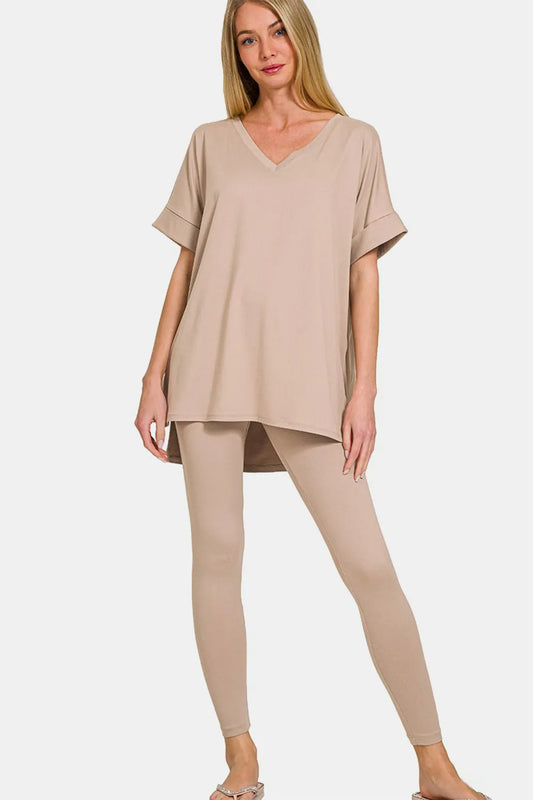 Zenana Full Size V-Neck Rolled Short Sleeve T-Shirt and Leggings Lounge Set Lt Mocha