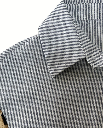 Leopard Print Sleeve Striped Button-Down Shirt