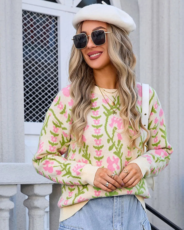 Angel Wings Flower Round Neck Long Sleeve Sweater Pastel Yellow