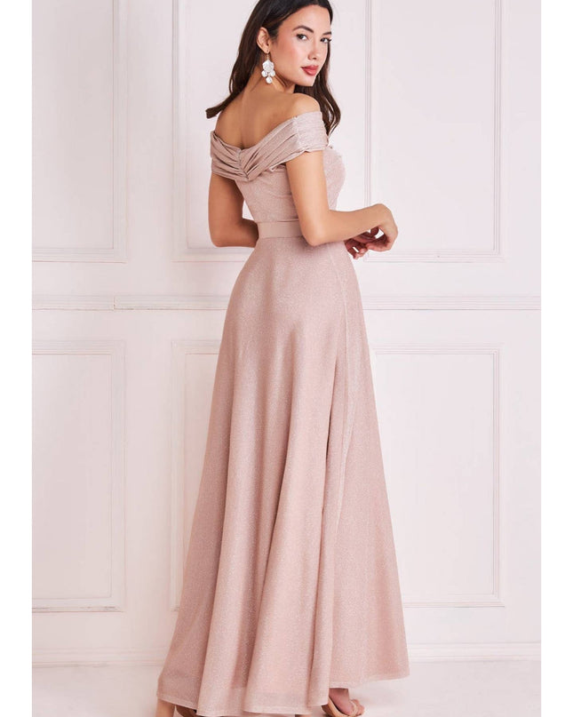 Goddiva Bardot Pleated Skirt Maxi Dress DR3859