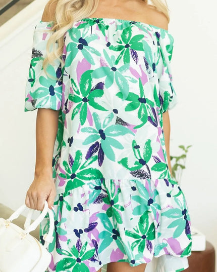 Floral Print Shirred Square Neck Loose Fit Mini Dress