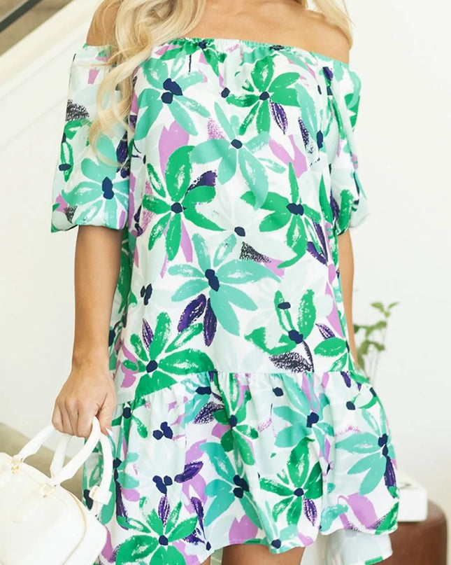 Floral Print Shirred Square Neck Loose Fit Mini Dress