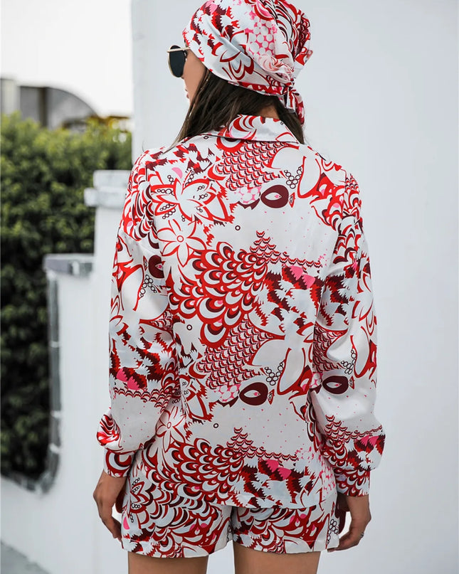 Printed Button Up Long Sleeve Shirt and Shorts Set