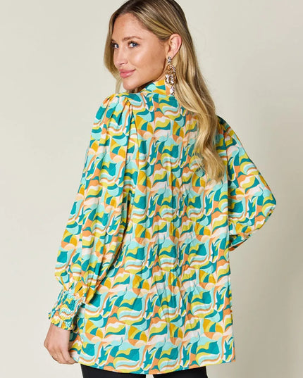 Double Take Full Size Printed Smocked Long Sleeve Blouse