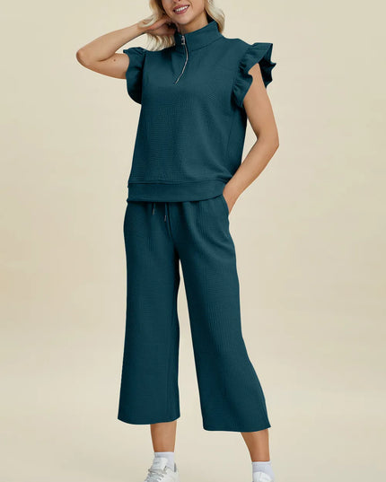 Double Take Full Size Texture Ruffle Short Sleeve Top and Wide Leg Pants Set