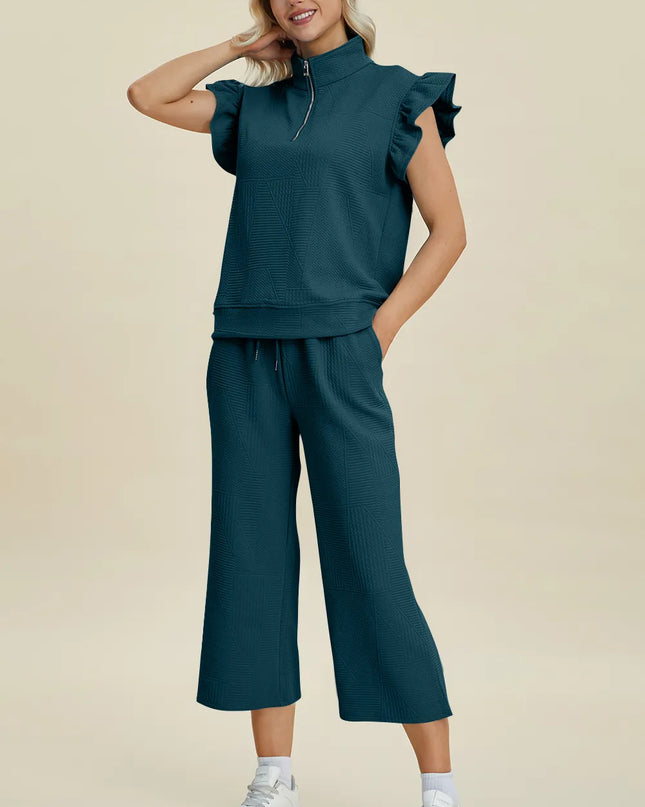 Double Take Full Size Texture Ruffle Short Sleeve Top and Wide Leg Pants Set