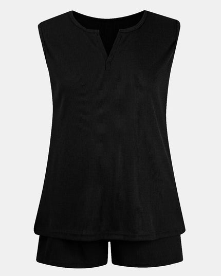 Full Size Waffle-Knit Notched Top and Shorts Set