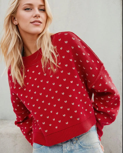 Slit Round Neck Long Sleeve Sweater Deep Red