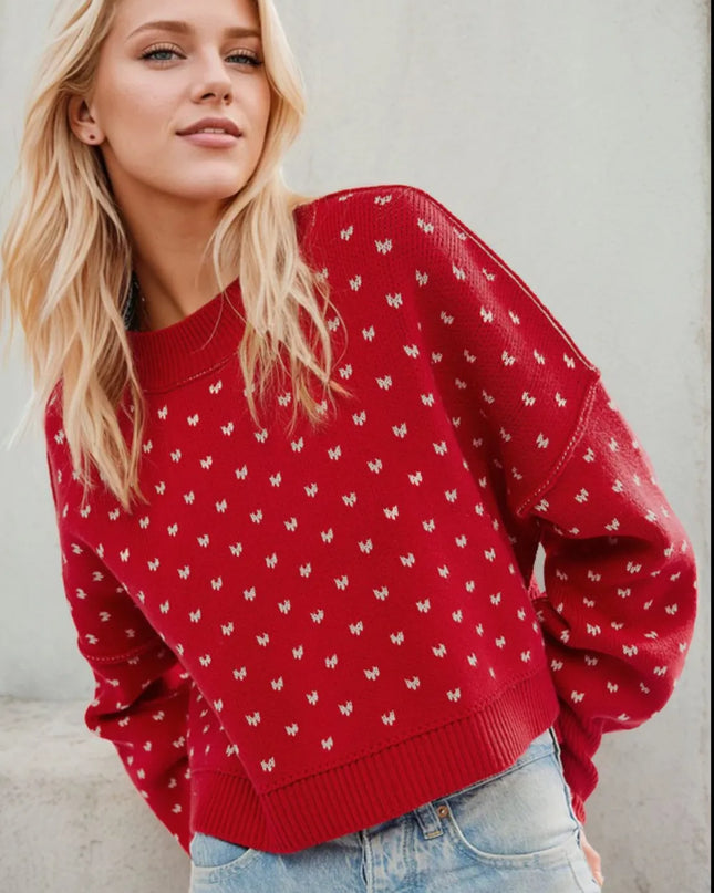 Slit Round Neck Long Sleeve Sweater Deep Red