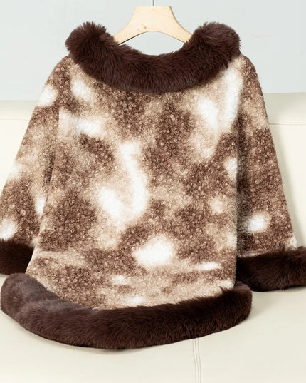 Furry Contrast Three-Quarter Poncho