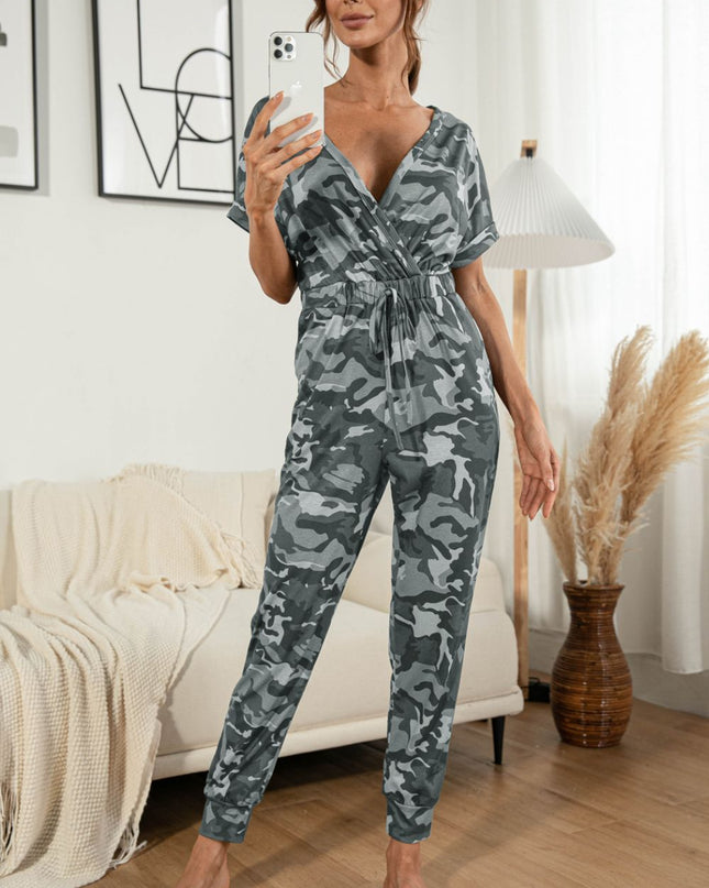 Surplice Neck Tied Short Sleeve Jumpsuit