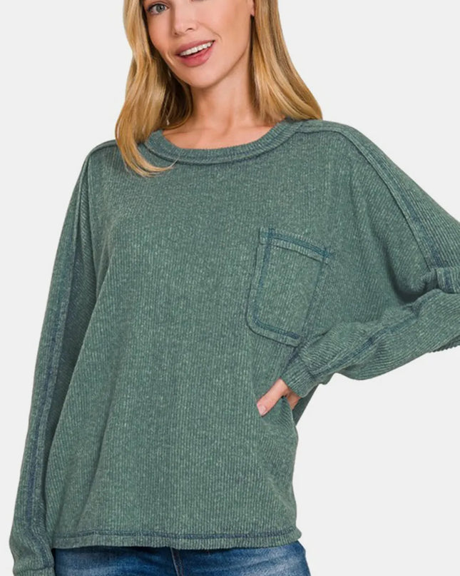 Zenana Full Size Contrast Stitching Brushed Ribbed Hacci Knit Top ASH JADE