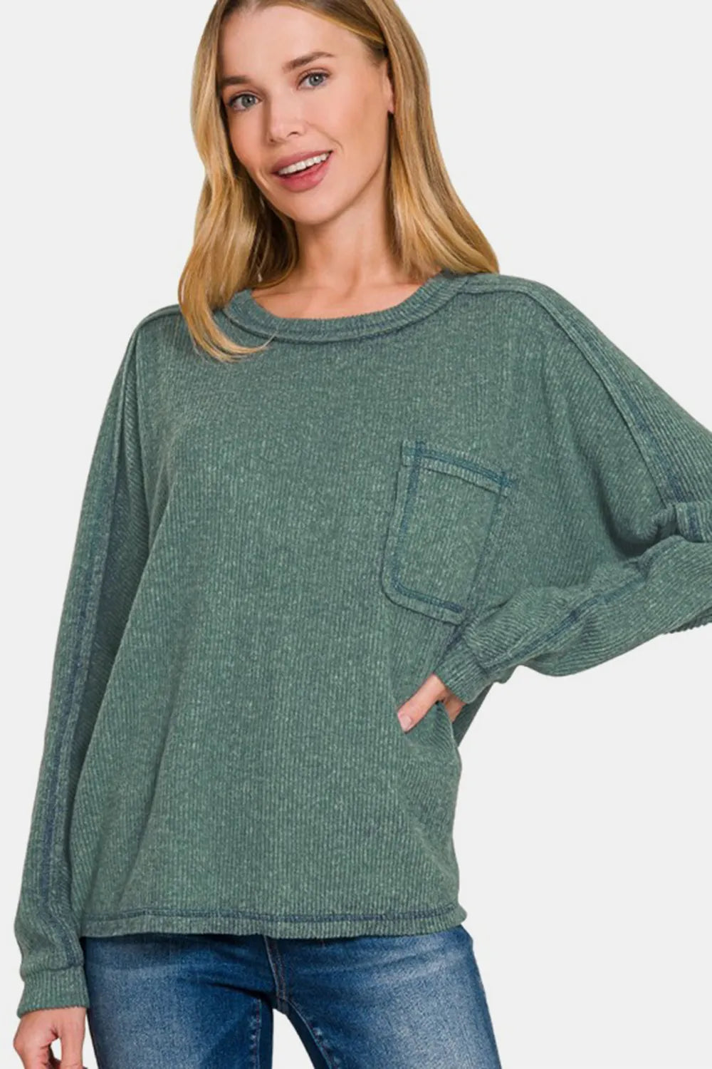 Zenana Full Size Contrast Stitching Brushed Ribbed Hacci Knit Top ASH JADE