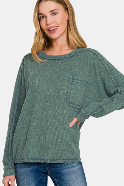 Zenana Full Size Contrast Stitching Brushed Ribbed Hacci Knit Top ASH JADE