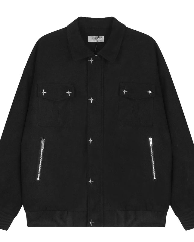 Men's Collared Neck Long Sleeve Jacket Black