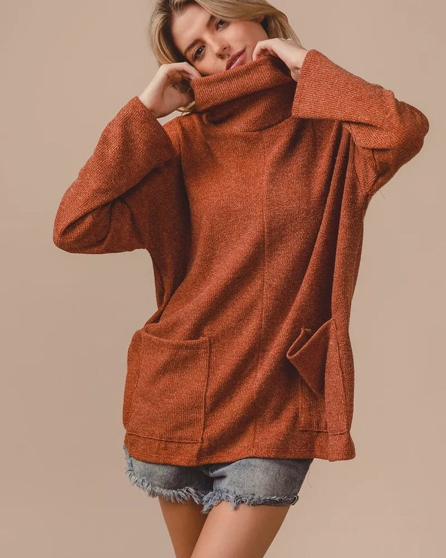 BiBi Piper Rib Double Pocket Turtle Neck Sweater
