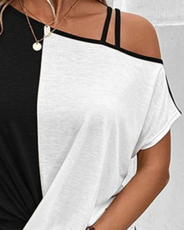 Contrast Asymmetrical Neck Short Sleeve T-Shirt