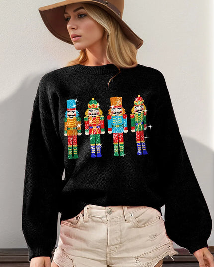 Double Take Full Size Sequin Nutcracker Long Sleeve Sweater Black