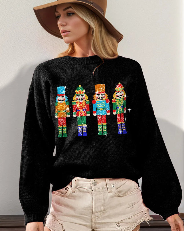 Double Take Full Size Sequin Nutcracker Long Sleeve Sweater Black