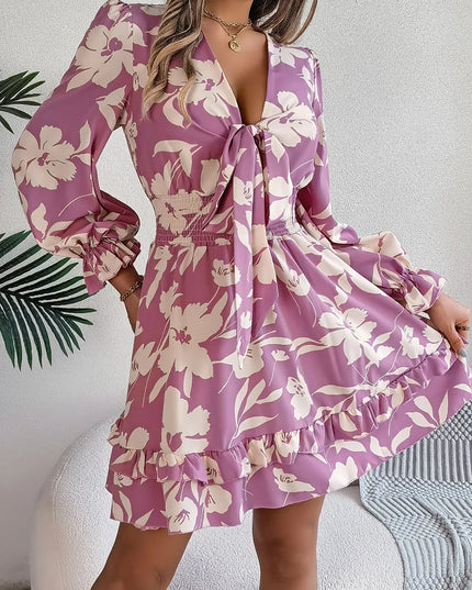 Tied Ruffled Printed Long Sleeve Dress