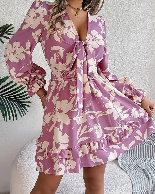 Tied Ruffled Printed Long Sleeve Dress