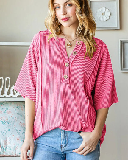 Heimish Full Size Ribbed Half Button Drop Shoulder Top HOT PINK