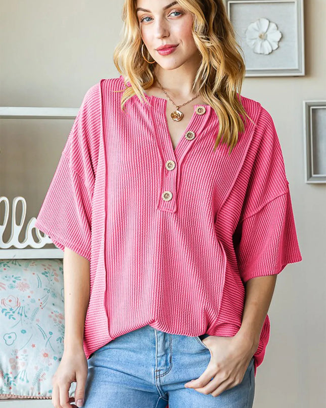Heimish Full Size Ribbed Half Button Drop Shoulder Top HOT PINK