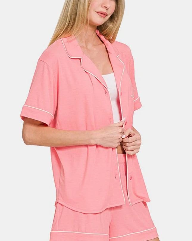 Zenana Button Down Short Sleeve Top and Shorts Lounge Set