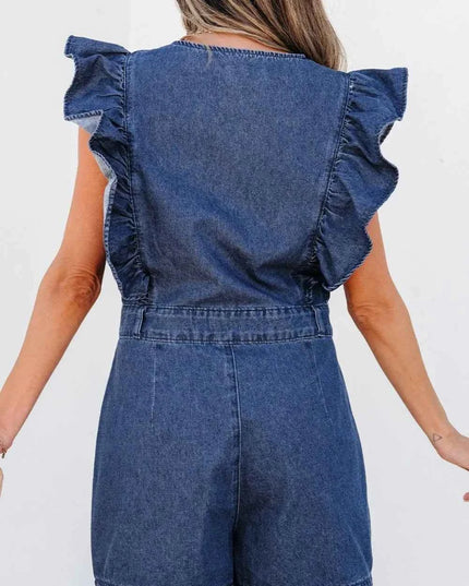 Denim Ruffled Zipped Front Belted Romper