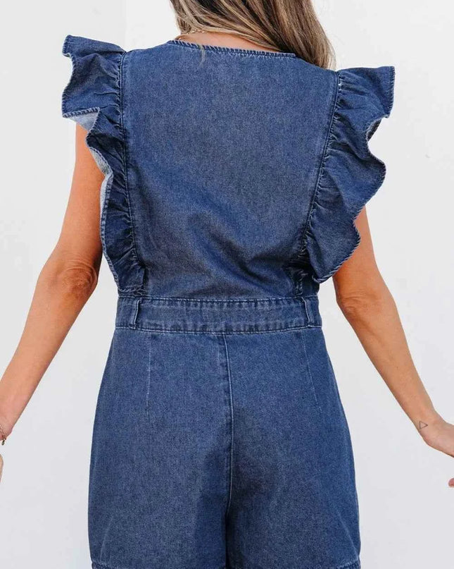 Denim Ruffled Zipped Front Belted Romper