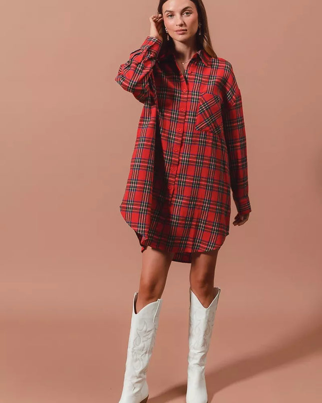 SO ME Christmas Checker Plaid Button Up Shirt Dress