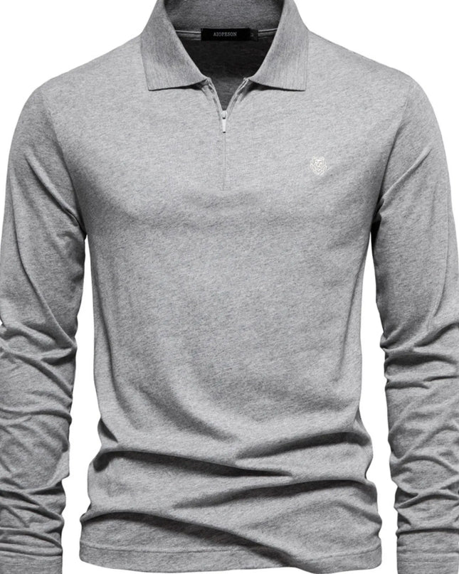 Men's Zip Collar Long Sleeve Polo Gray