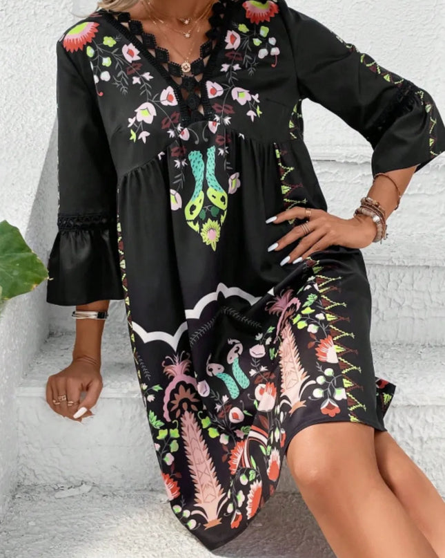 Lace Detail Printed Three-Quarter Sleeve Dress