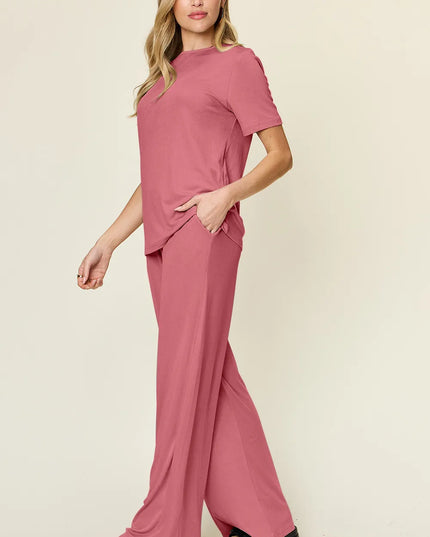 Double Take Full Size Round Neck Short Sleeve T-Shirt and Wide Leg Pants Set