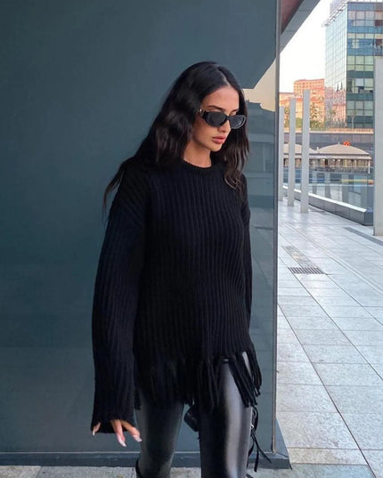 Fringe Round Neck Long Sleeve Sweater