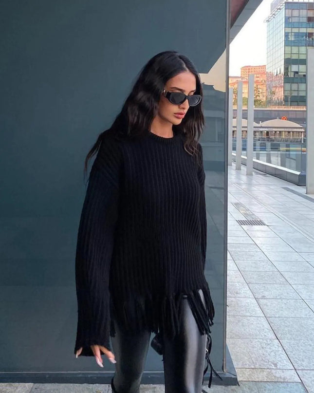 Fringe Round Neck Long Sleeve Sweater