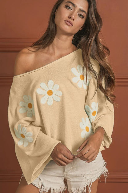 BiBi Flower Embroidery Loose Fit Knit Top OATMEAL