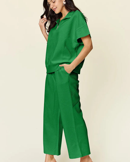 Double Take Full Size Texture Half Zip Short Sleeve Top and Pants Set