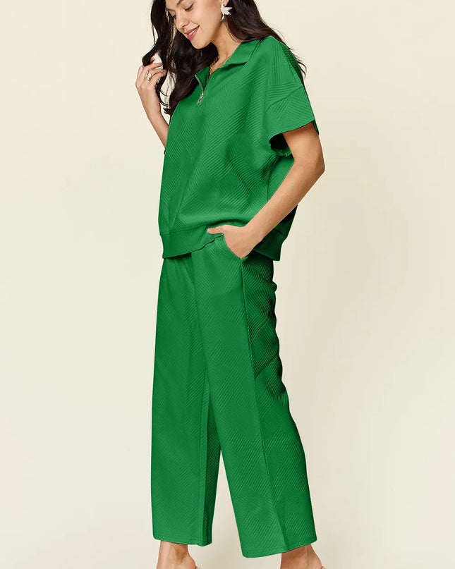 Double Take Full Size Texture Half Zip Short Sleeve Top and Pants Set