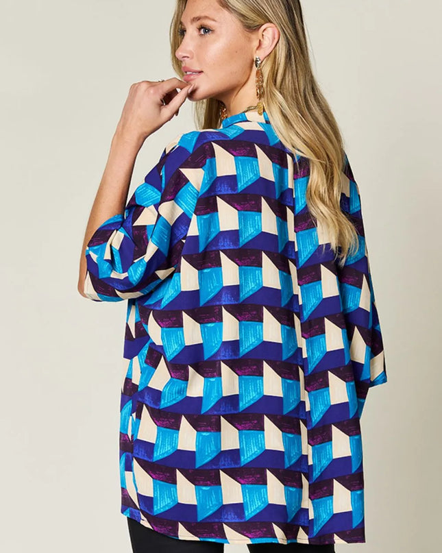 Double Take Full Size Geometric Notched Half Sleeve Blouse