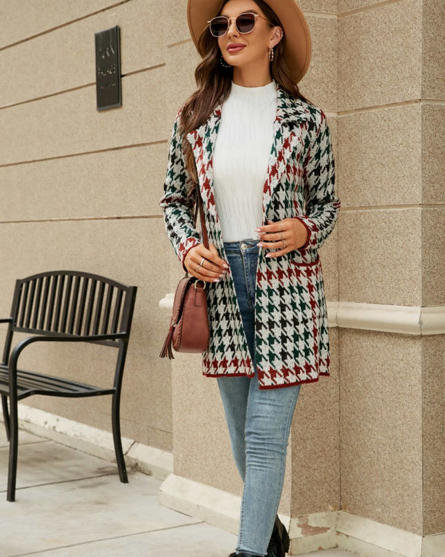 Printed Open Front Lapel Collar Cardigan with Pockets