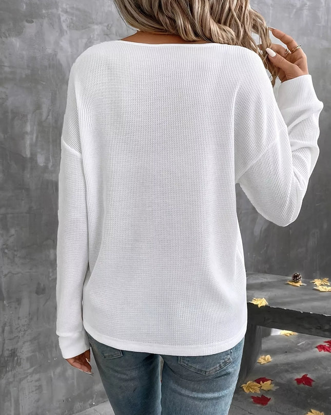 Plus Size V-Neck Long Sleeve Waffle Knit T-Shirt